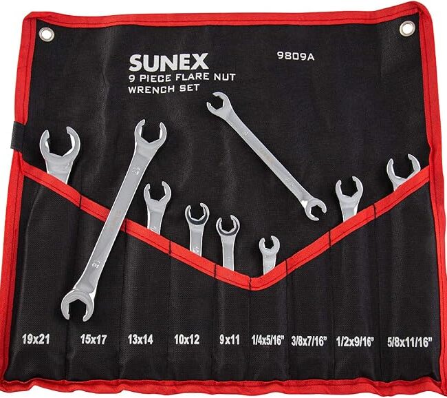 Sunex Tools 9809A Flare Nut Wrench Set, 1/4"x5/15" - 5/8" - 11/16", 9mm x 11mm - 19mm x 21mm, Fully Polished, 9-Piece (Includes Roll-Case), SAE & Metric